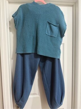 Free People Blue Ribbed Crew Neck Sweater Set